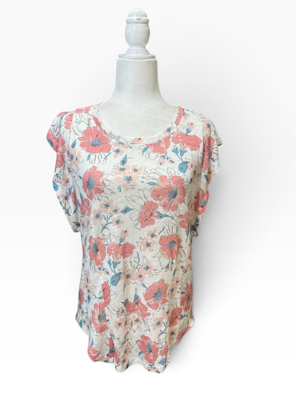Rebecca Taylor Floral Linen Flutter Top XL Coral Pink